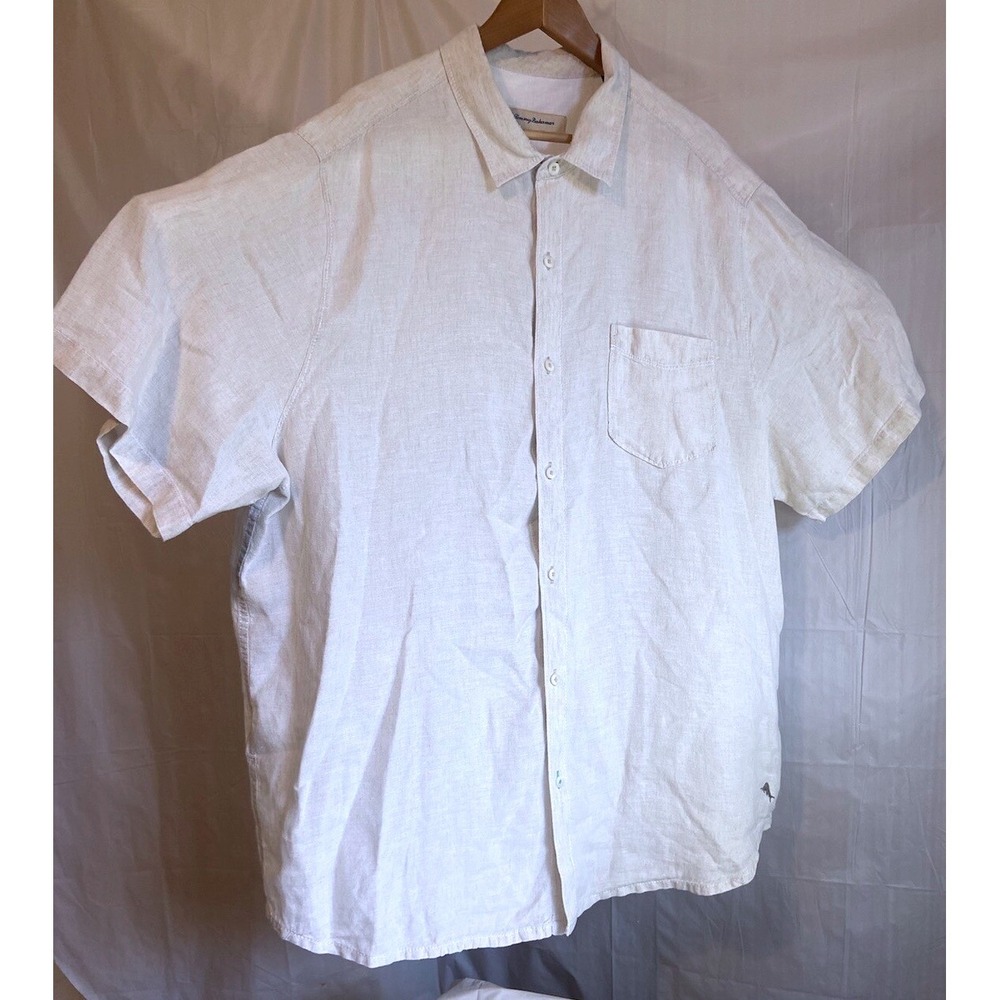 Tommy Bahama Mens XXL Beige 100% Linen Short Sleeve Button Down Shirt Marlin - Picture 2 of 10